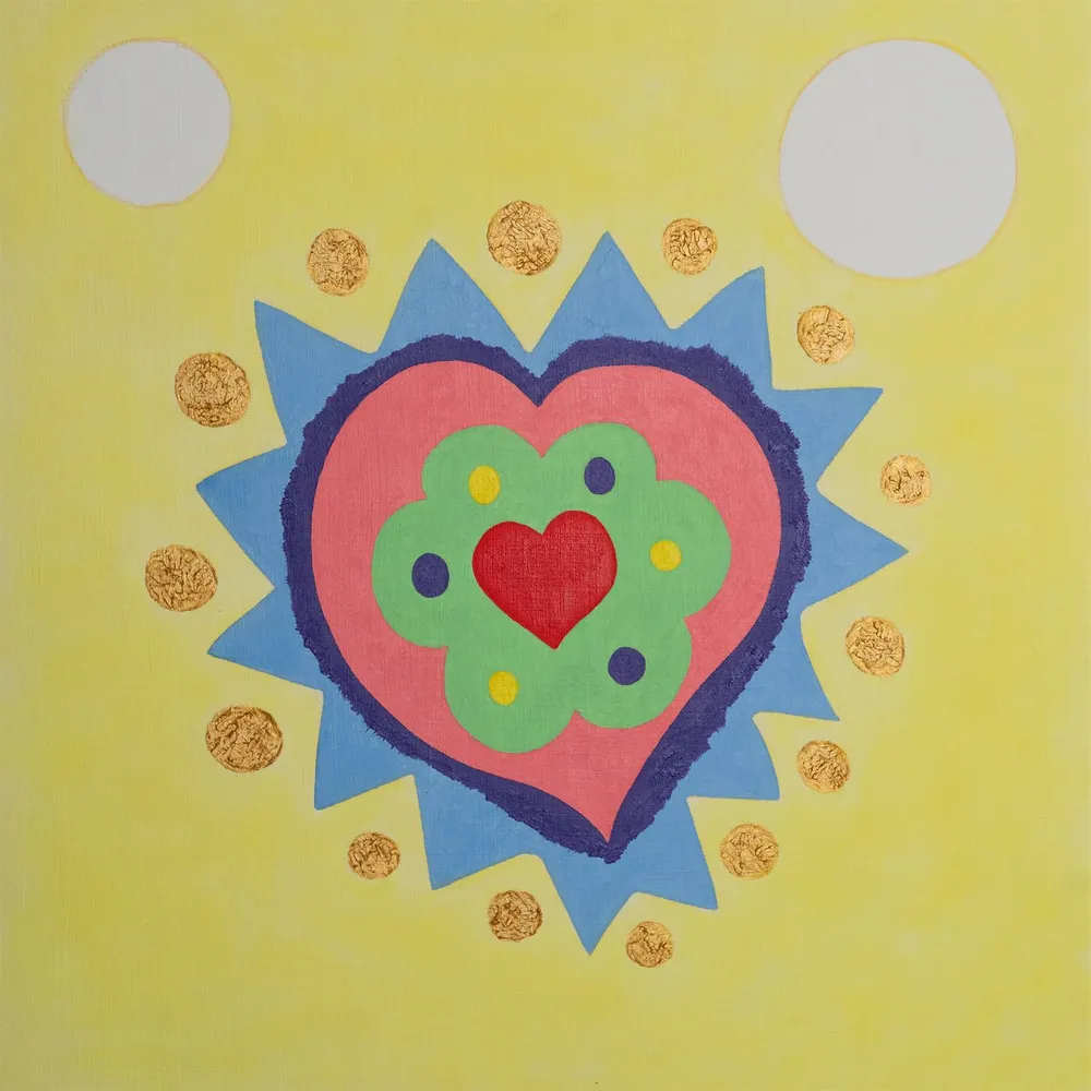 Handgemaltes Werk von Christine Kayser mit einem Herz und blauem Strahlenkranz