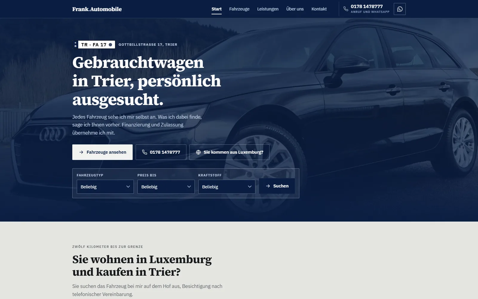Frank Automobile Trier Autohaus Website mit Fahrzeugbestand