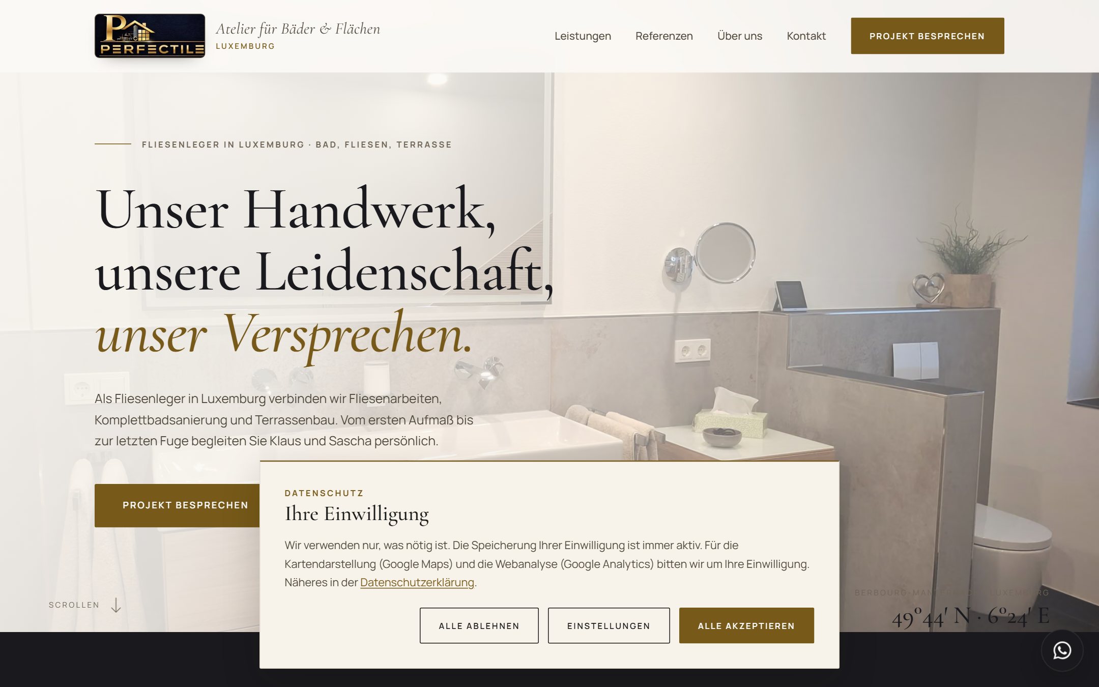 Startseite der Website perfectile.lu, Fliesenleger in Luxemburg